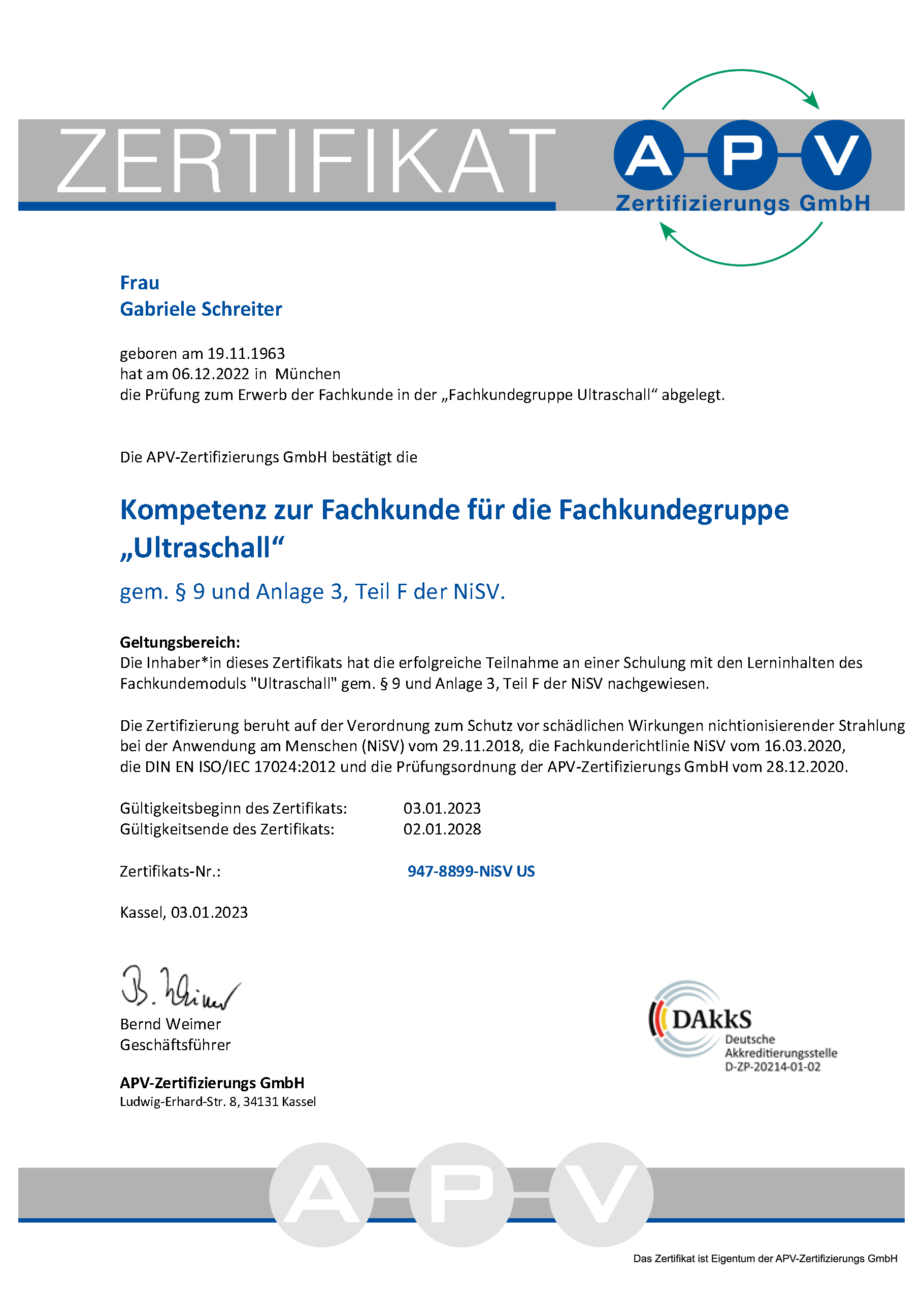 Ultraschall Zertifikat Gabriele Schreiter